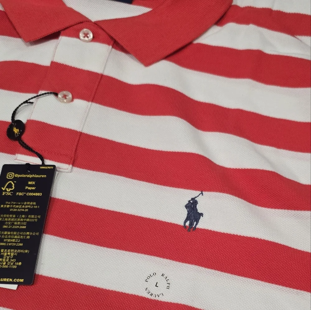 Polo Ralph Lauren Men Classic Fit Red & White Bold Striped Mesh Polo Shi…